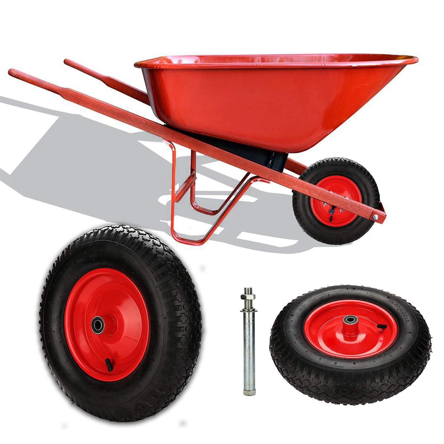 Koło do taczki pneumatyczne z osią, 4,80/4,00-8 Ø 390 mm 200 kg wraz z osią, koło zapasowe do taczki, odporne na przebicie, koło poliuretanowe, wózek ogrodowy, zestaw 2 sztuk