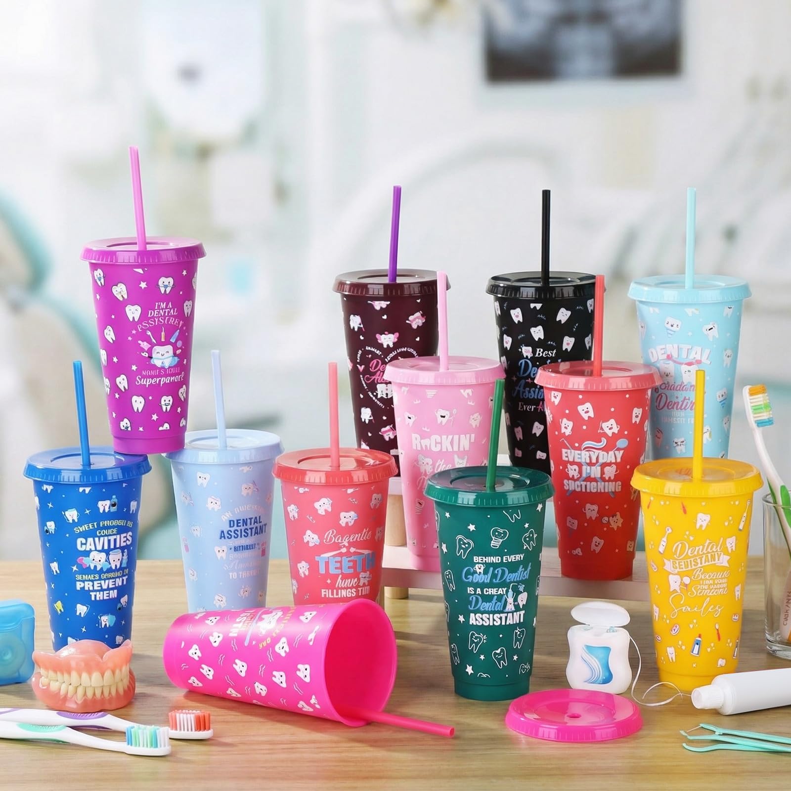 Meanplan 24 Pcs Dental Assistant Week Gifts Bulk 24 oz Plastic Teeth Tumbler with Lids and Straws Thank You Cups Travel Mugs Inspirational Dental Assistant Appreciation Gifts for Dentist Party Favors