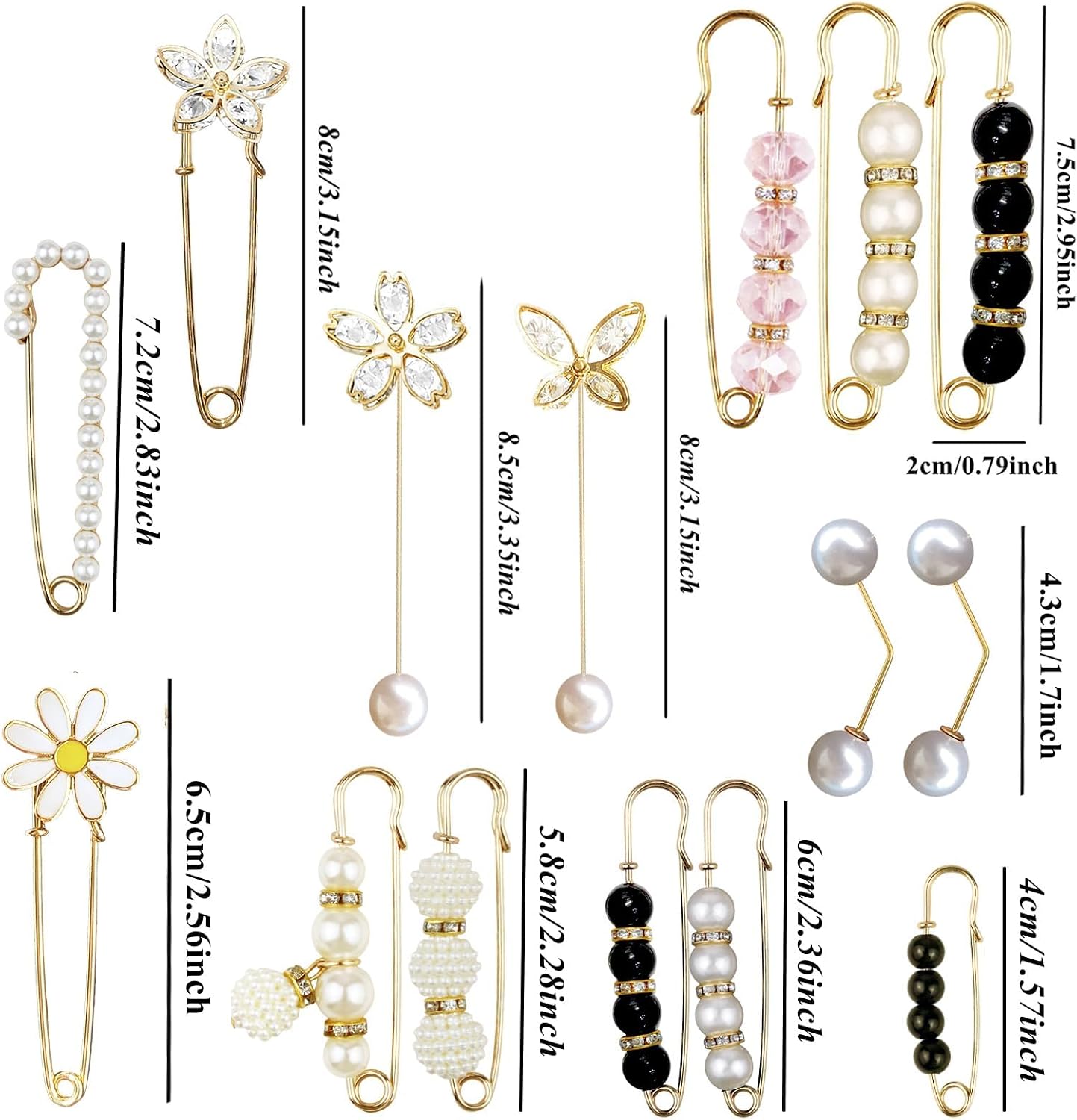 15PCS Pearl Brooch Safety Pins, Pant Waist Tightener Sharp Pins for Sweater Shawl Collar Dress Cardigan Shirt Jeans Clothes Accessories Decoration for Women