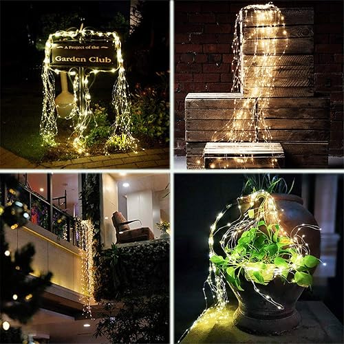 Miniatura 6 de Paquete con 2 series de 220 luces LED de luciérnaga que funcionan con pilas, 8 modos intermitentes, luces en cascada de alambre de cobre, guirnalda