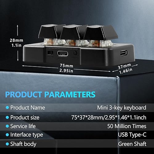 Miniatura 2 de EHOLY Teclado mecánico USB para juegos de 3 teclas, mini teclado personalizable macro programable, teclado OSU, combo de control de una tecla con