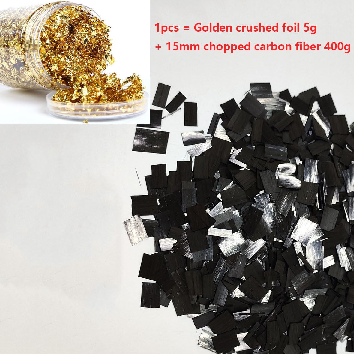 Fibre de carbone hachée de 15 mm 400 g + feuille d'aluminium déchiquetée de couleur 5 g pour la fabrication de voitures, motos, étuis de téléphone, poignées de couteau, mégots de pistolet et œuvres