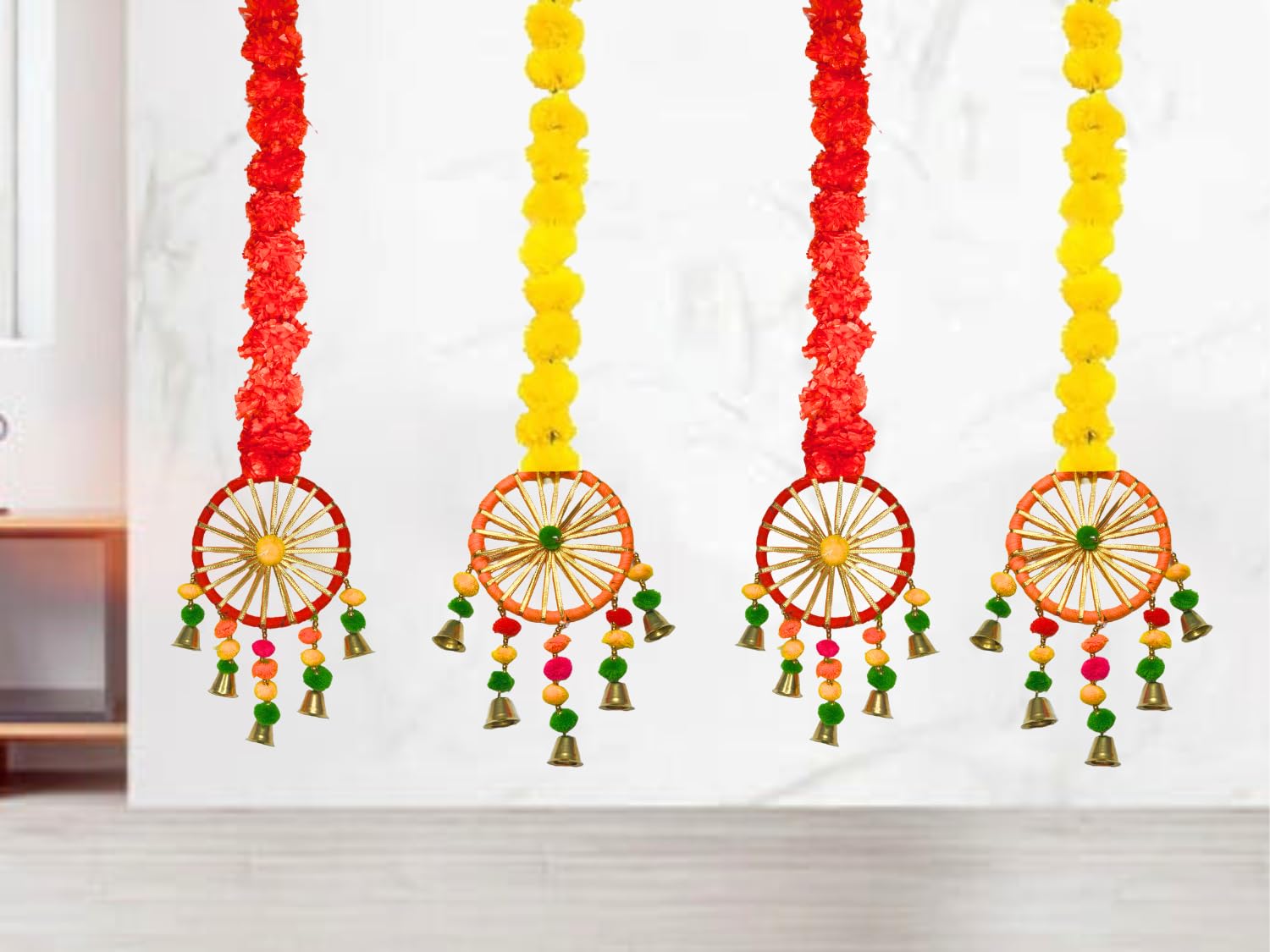 DRYPHON Artificial Marigold Flowers with Pom Pom Ring Bell Hanging Garlands for Home, Diwali & Wedding Decoration (Pack of 4)