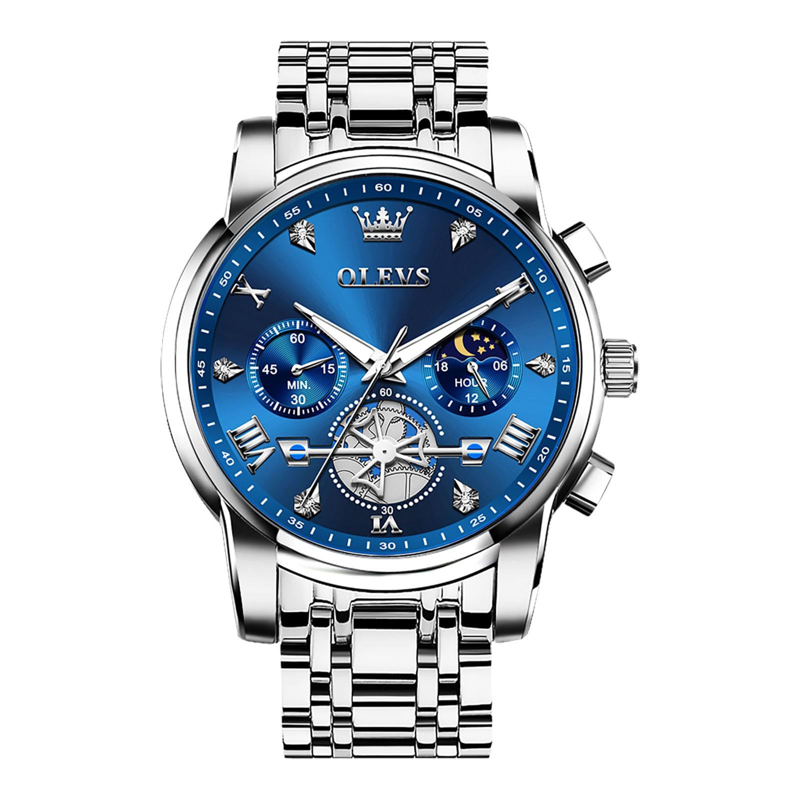 OLEVS Men's Chronograph Watch, Gold Silver Tone Stainless Steel Analog Quartz Watch, Multi-Function Waterproof Date Diamond Roman Numerals Dial Dress Watch for Men