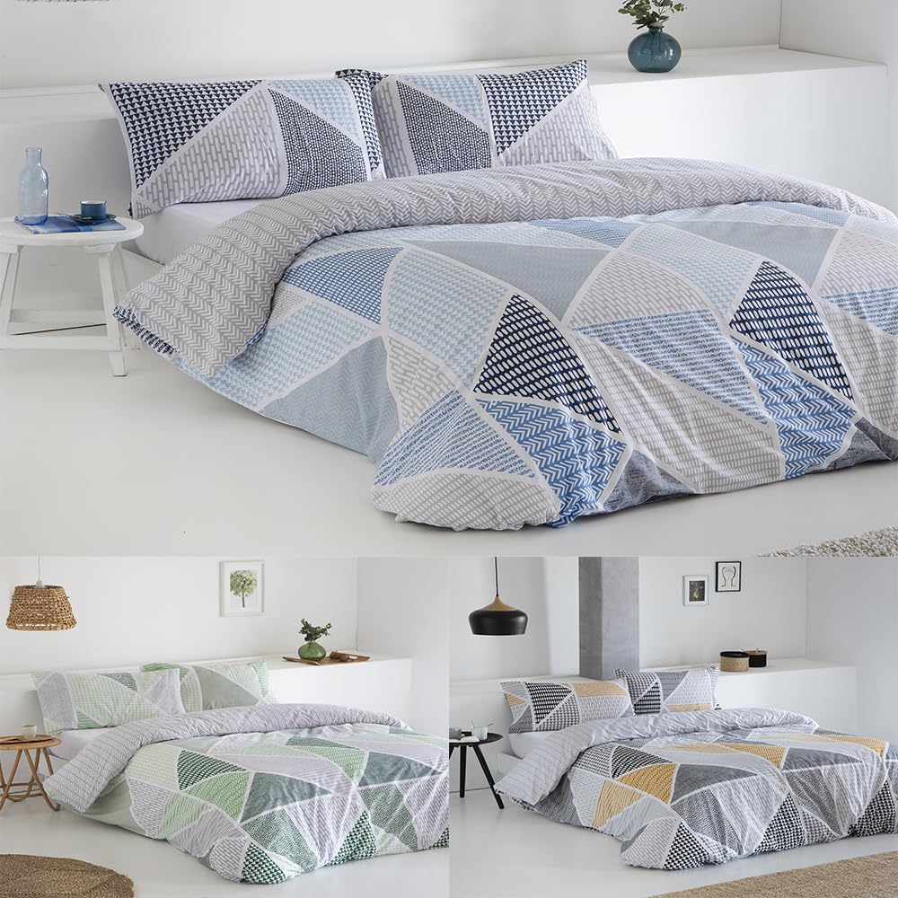 COTTON ARTean Funda Nórdica Reversible Cama 90 Algodón Poliéster GEKA Azul, Funda edredón 150x220 + 1 Funda de Almohada, Cierre con Botones