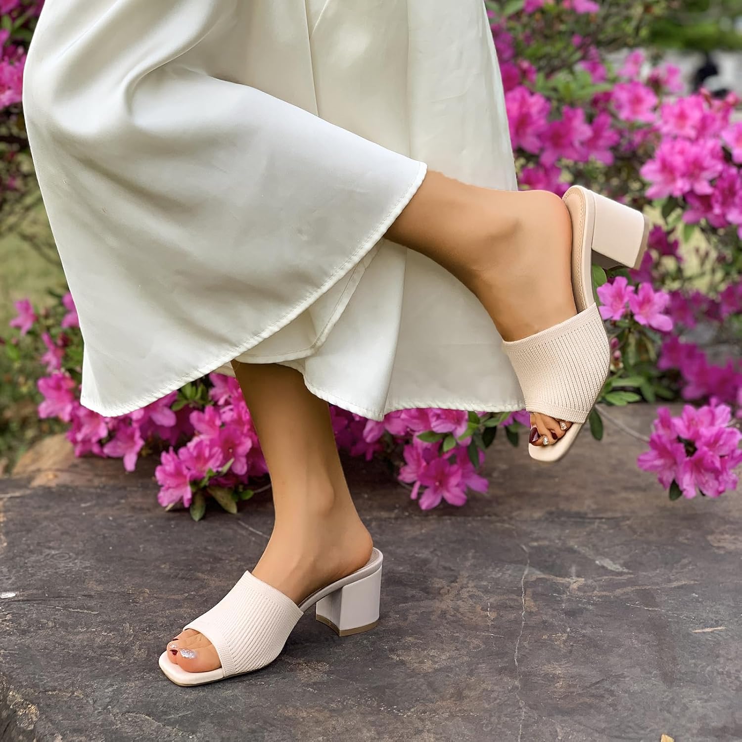 Women's Heeled Sandals Square Open Toe comfortable Heeled Mules Chunky Block Low Heel On Slides - Image 3