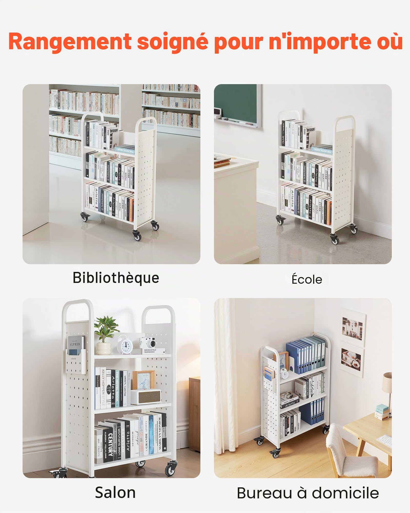 VEVOR Chariot à Livres, Capacité de Charge 150 kg, Chariot de Bibliothèque, 77 x 38 x 122 cm, Étagère de Rangement Livres Simple Face en L avec Roulettes Double Frein, pour Salon, Bureau, École, Blanc