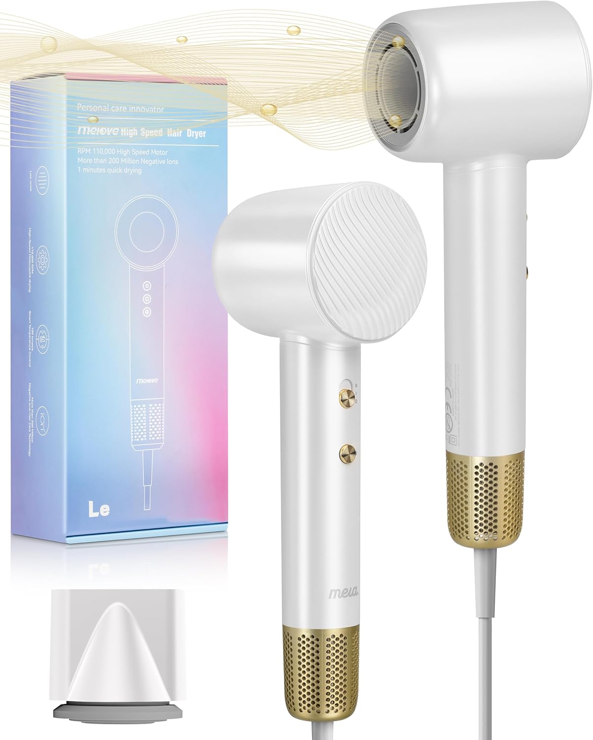 Ionic Hair Dryer – Mera M3, Professional Frizz-Fighting Blow Dryer, 5-Minute Fast Drying, Quiet Lightweight Travel Hairdryer with Snap-On Concentrator for Women