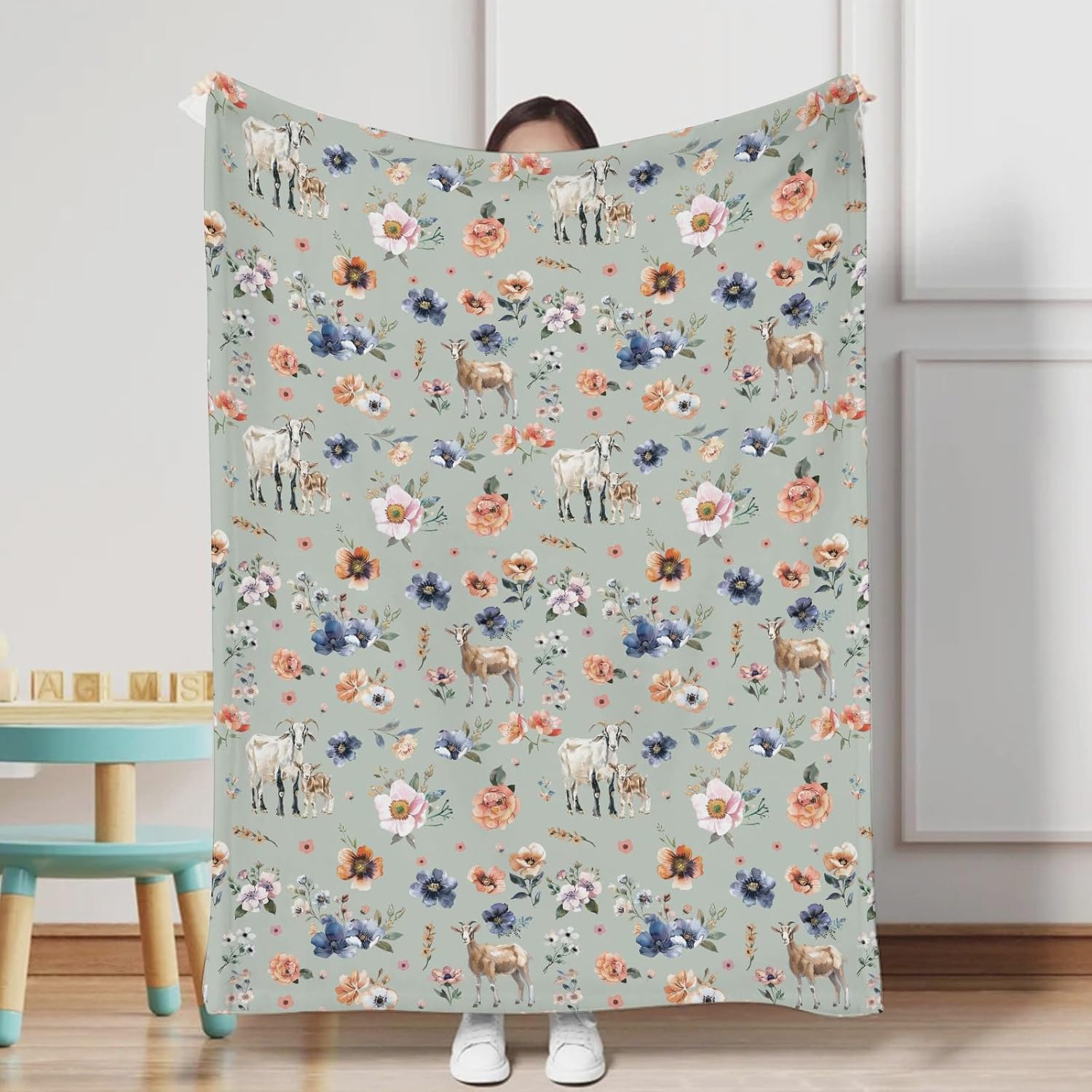 Goat Retro Boho Floral Baby Blanket for Boy Girl Watercolor Goat Lamb Flowers Flannel Soft Swaddle Blanket Farm Animals Life Receiving Blanket for Newborn Toddler Nursery Crib Bed Blanket 60x80