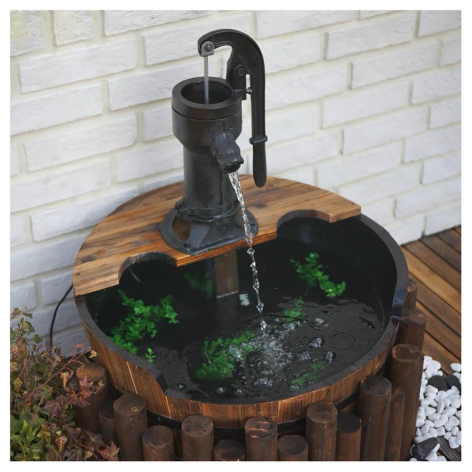 Fuente de agua de madera para jardín con bomba y cascada exterior