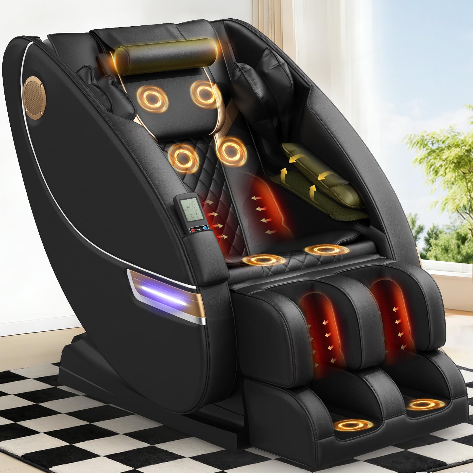 Massagesessel, Ganzkörper-Massagesessel mit Zero-Gravity, 14 Rollen und 8 Komfort-Airbags, Mit Heizfunktion für Taille und Beine Fußmassage, Bluetooth-Player und 2-in-1 Touchscreen (Schwarz + Braun)