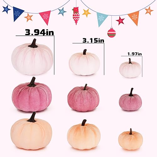 Miniatura 2 de 12 calabazas flocadas de imitación, perfectas para la cosecha de otoño, Halloween o centros de mesa de Acción de Gracias. (12, rojo rosa, morado y