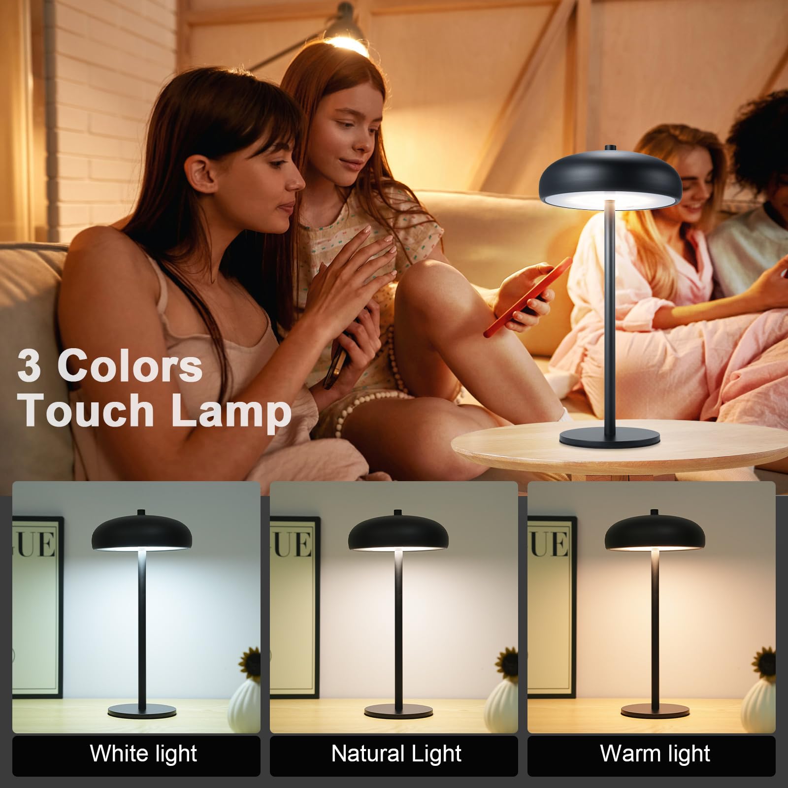 Lixada Lámpara de mesa LED inalámbrica, lámpara de mesa con batería, regulable y recargable con USB-C, lámpara de escritorio redonda, lámpara de seta y lámpara de mesita de noche, metal negro con