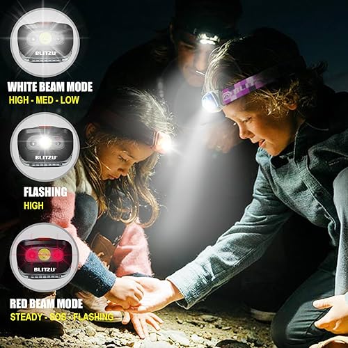 Miniatura 7 de BLITZU - Linterna LED de minero, para adultos y niños  Impermeable y súper brillante, lámpara CREE con luz roja, cómoda diadema perfecta para