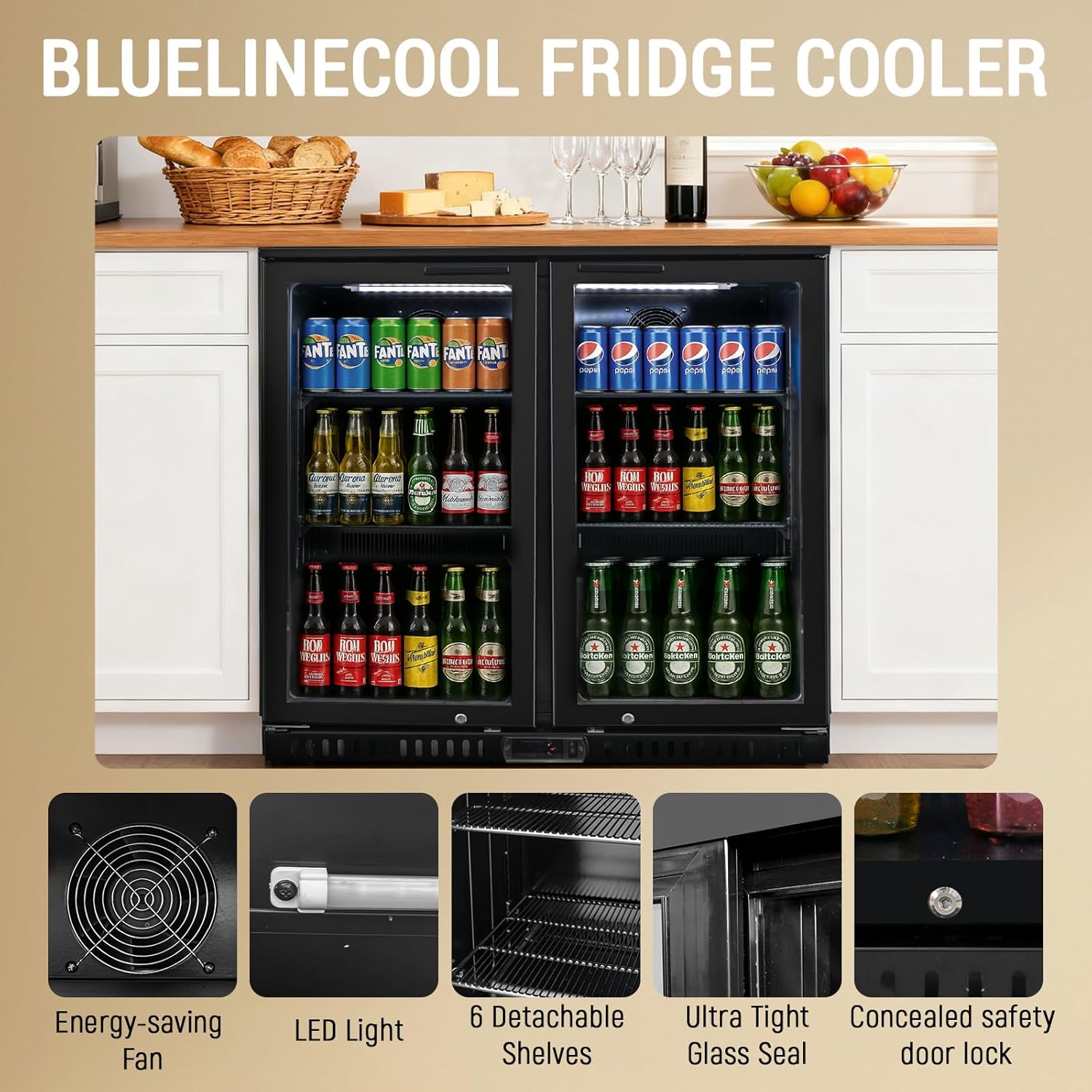 Commercial Back Bar Cooler with 2 Glass Doors, 7.4 cu.ft Under Counter Beverage Refrigerator, LED Lighting - ETL Certified Beer and Wine Cooler for Bar, Restaurant, Garage, Office, Home