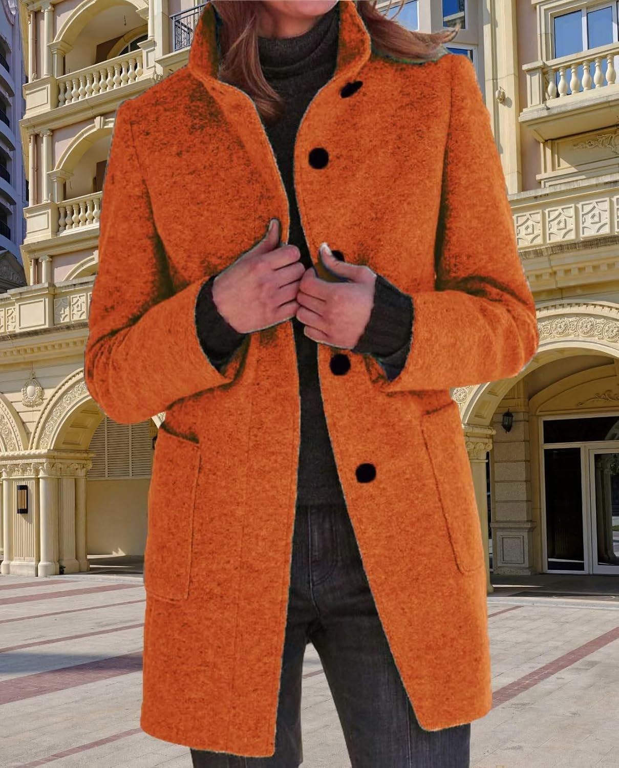 Womens Winter Long Vintage Solid Color Coat Wool Blend Standing Collar Button Thickened Jacket - Image 3