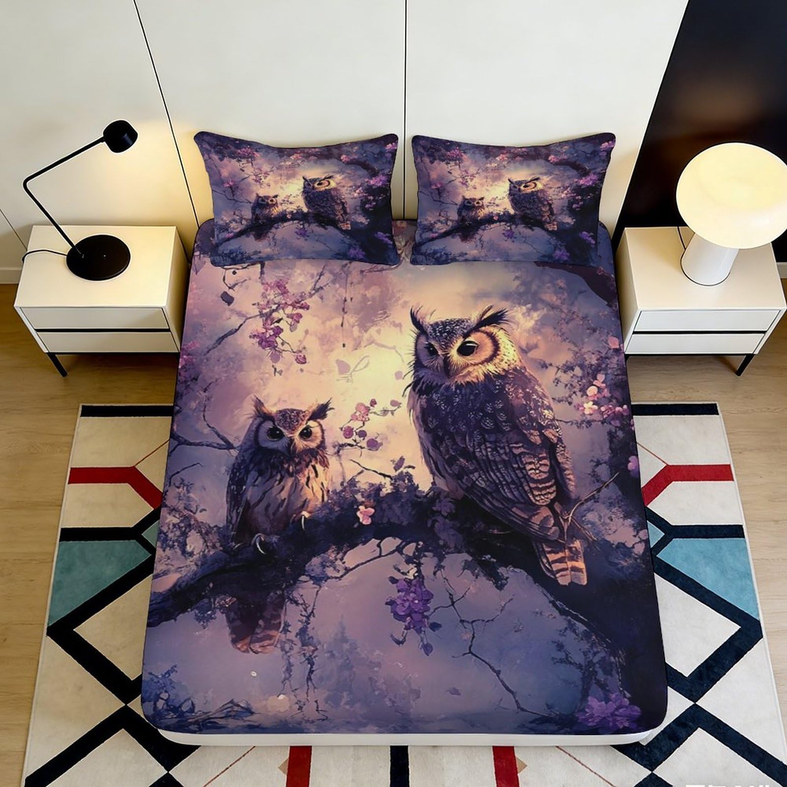 3D Printed Night Owl Fitted Sheet Microfiber Soft Anti-Slip Forest Branch Mattress Cover for Bedroom Guestroom Decor 180x200x25cm
