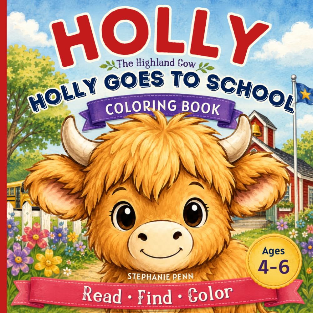 Highland Cow Back to School Coloring Book for Kids: Holly Goes to School • Read • Find • Color Adventures | Beginning Reader Activity Book for Preschool & Kindergarten Ages 4–6