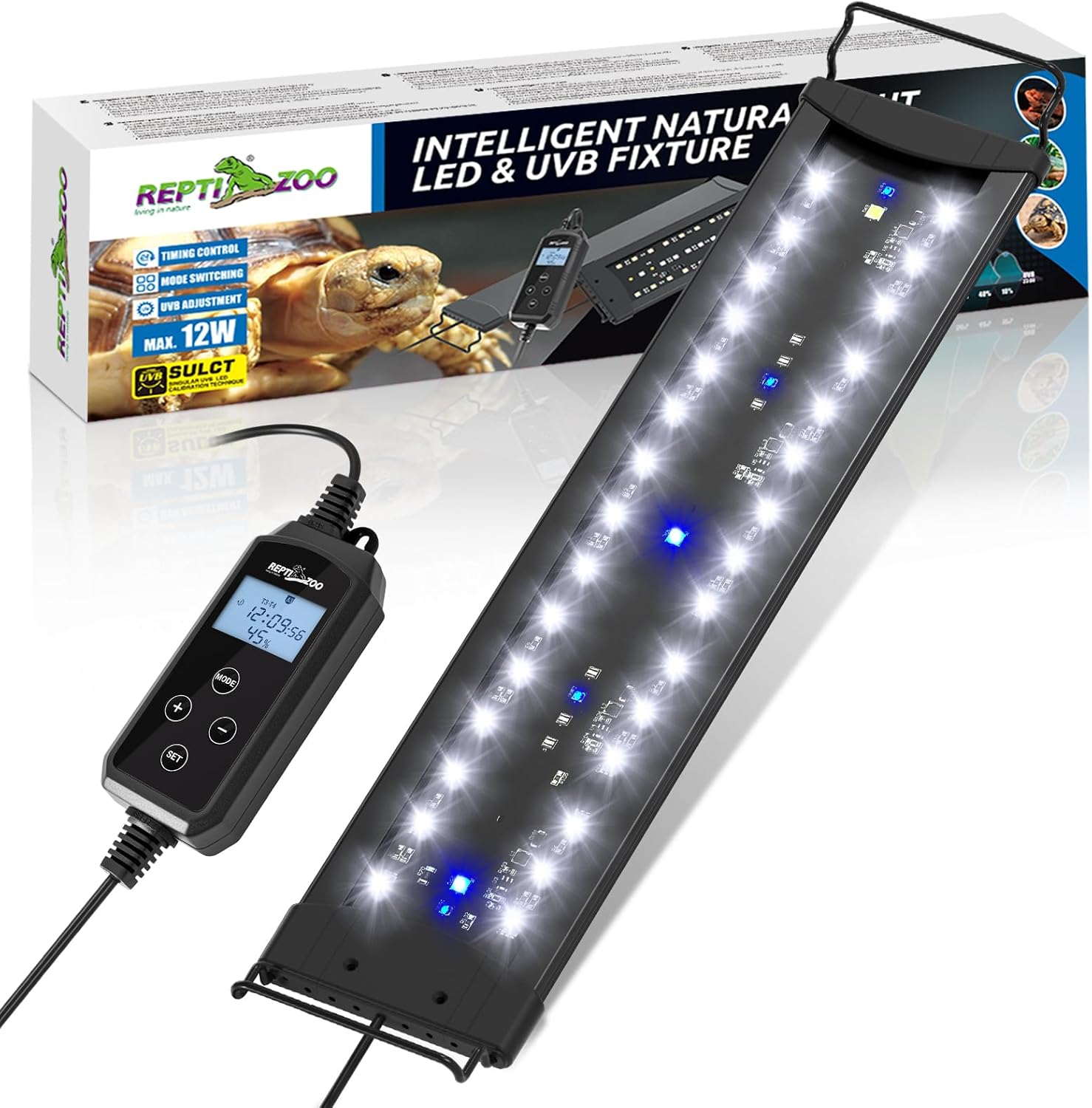 REPTIZOO UVB Reptile Light with Dimming, 18 inch UVA UVB LED Lamp for Bearded Dragon Turtle, 12W UVB Bulb Aluminum Fixture with Controller, 5 UVI Auto Mode, 0–100% Dimming & 9 Timer, Power-Off Memory