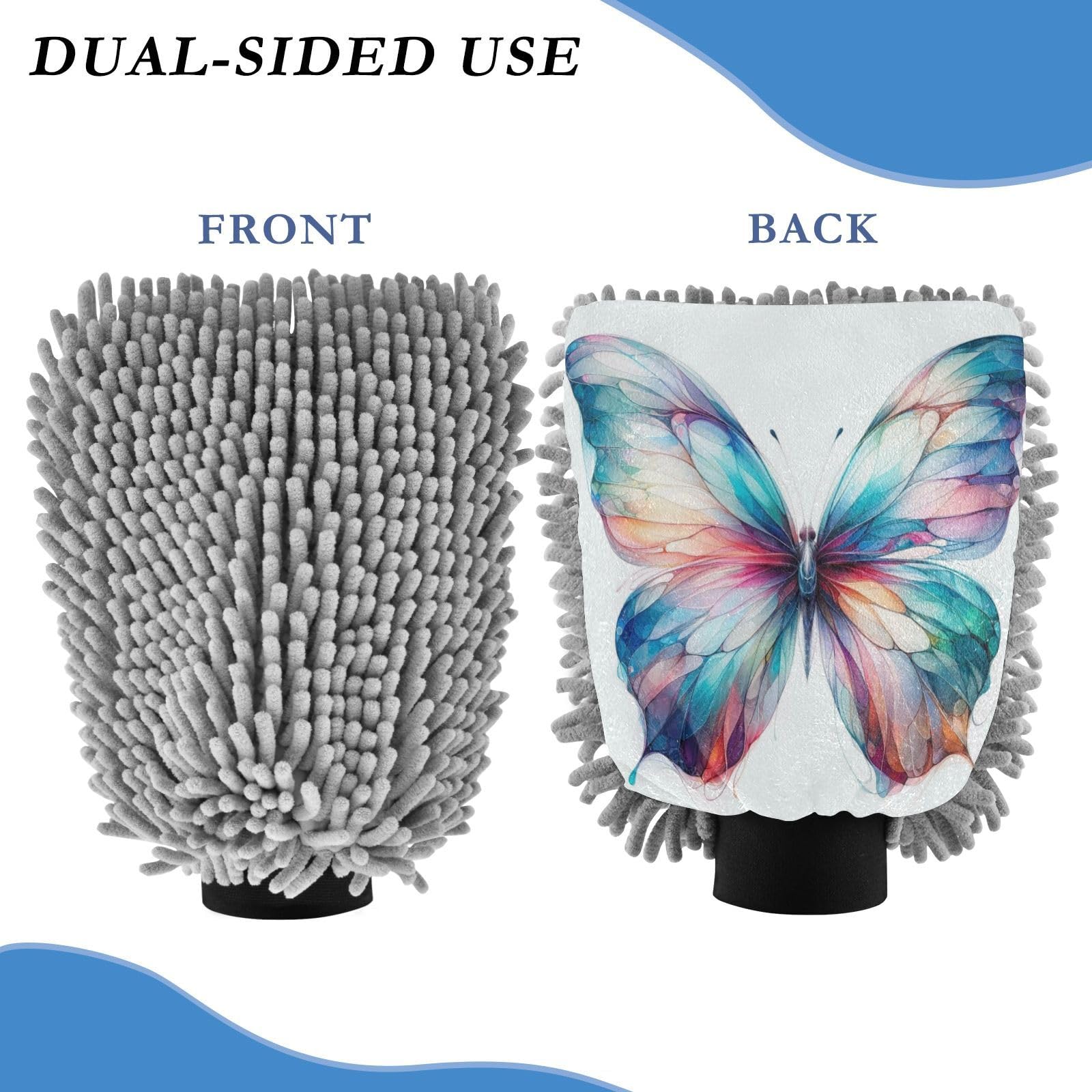 ALAZA Butterfly Watercolor Car Wash Mitt Scratch Free, 2 Pack Absorbent Microfiber/Chenille Washing & Drying Mitts, L