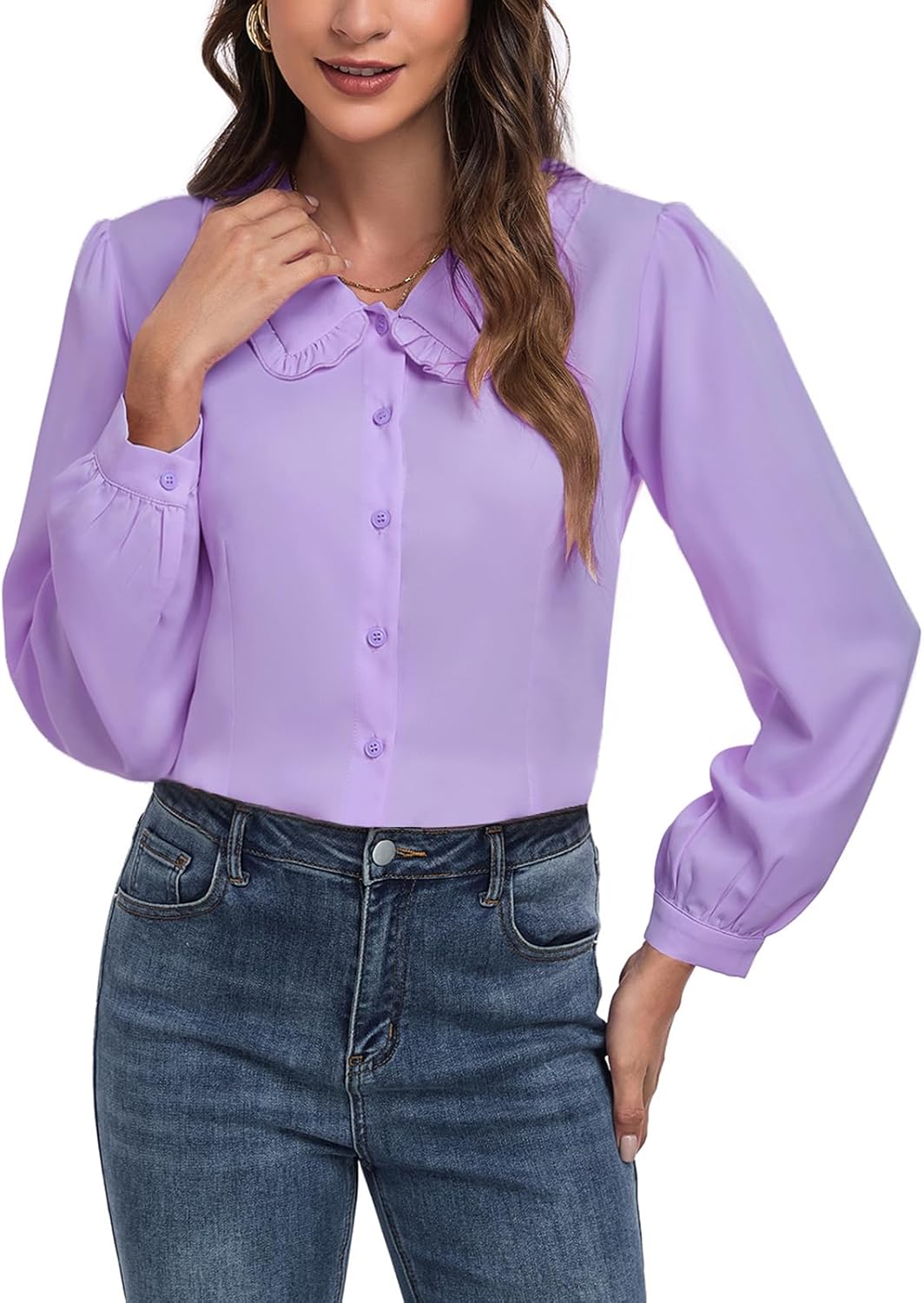 MINTLIMIT Women's Peter Pan Collar Shirt Long Sleeve Vintage Blouses Casual Work Button Down Shirts - Image 5