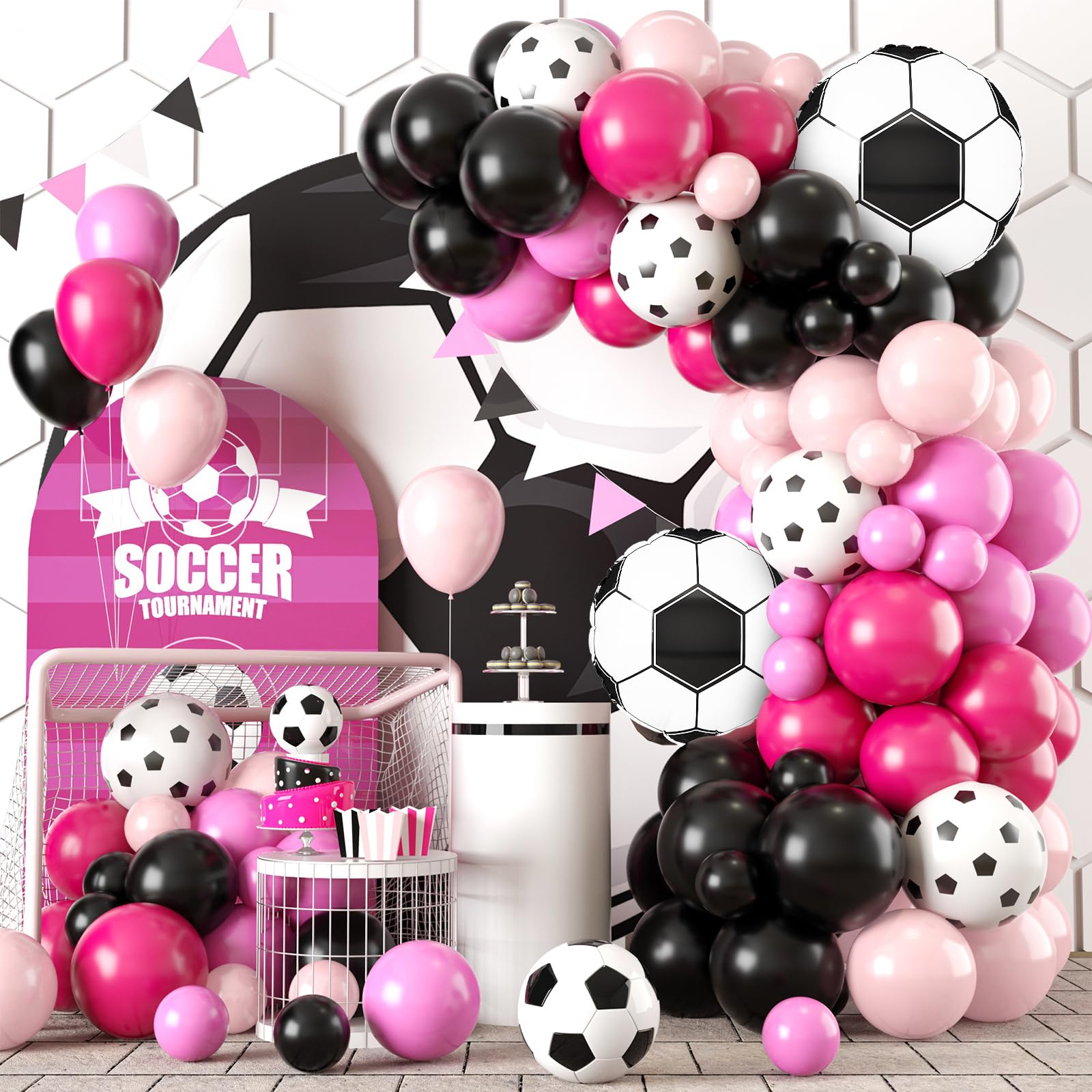 Fussball Luftballon Girlande, Schwarz Rosa Hot Pinke Ballon mit 4D Fußball Folienballons,Fussball Deko Geburtstag Mädchen, Rosa Luftballon Girlande for Fussball Geburtstag Party Dekoration