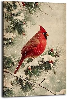 Frame bright Red Cardinal Perched on Snowy Pine Vintage Canvas Posters Wall Art Home Decor Living Room Picture Print Christmas Abstract Bedroom Office Decor 16x24inch(40x60cm)