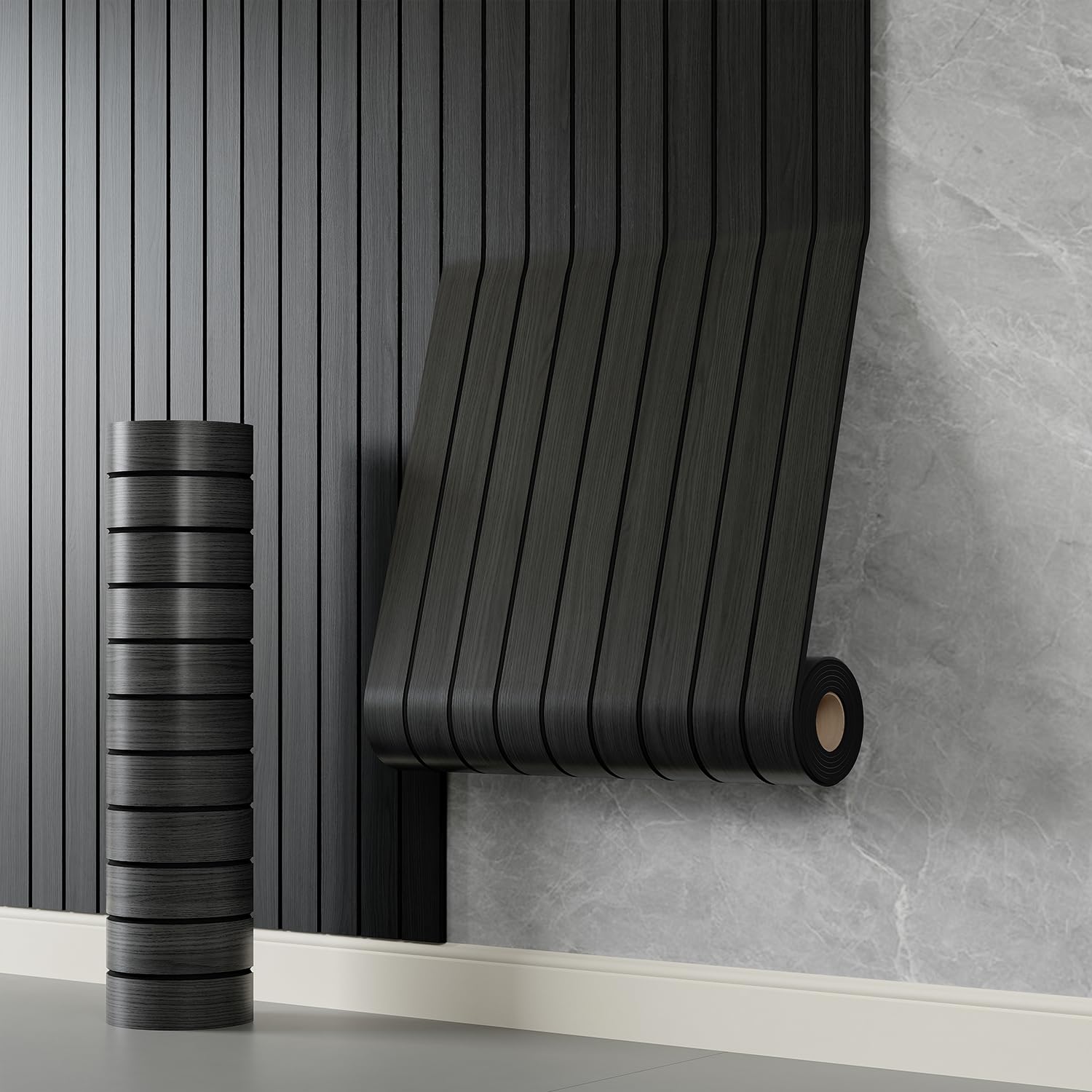 Photo 1 of YLL YLL PVC Slat Wall Panel Peel and Stick 236"x 15.7" Faux Black Wood Grain Slat Panel Self-Adhesive Wallpaper Soundproof 3D Wall Panels