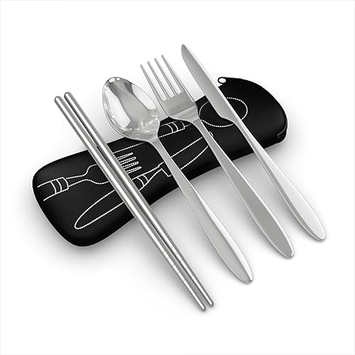 Set de 4 unidades (cuchillo, tenedor, cuchara, palillos) para ViajesCamping Cubertería de acero inoxidable con funda de neopreno