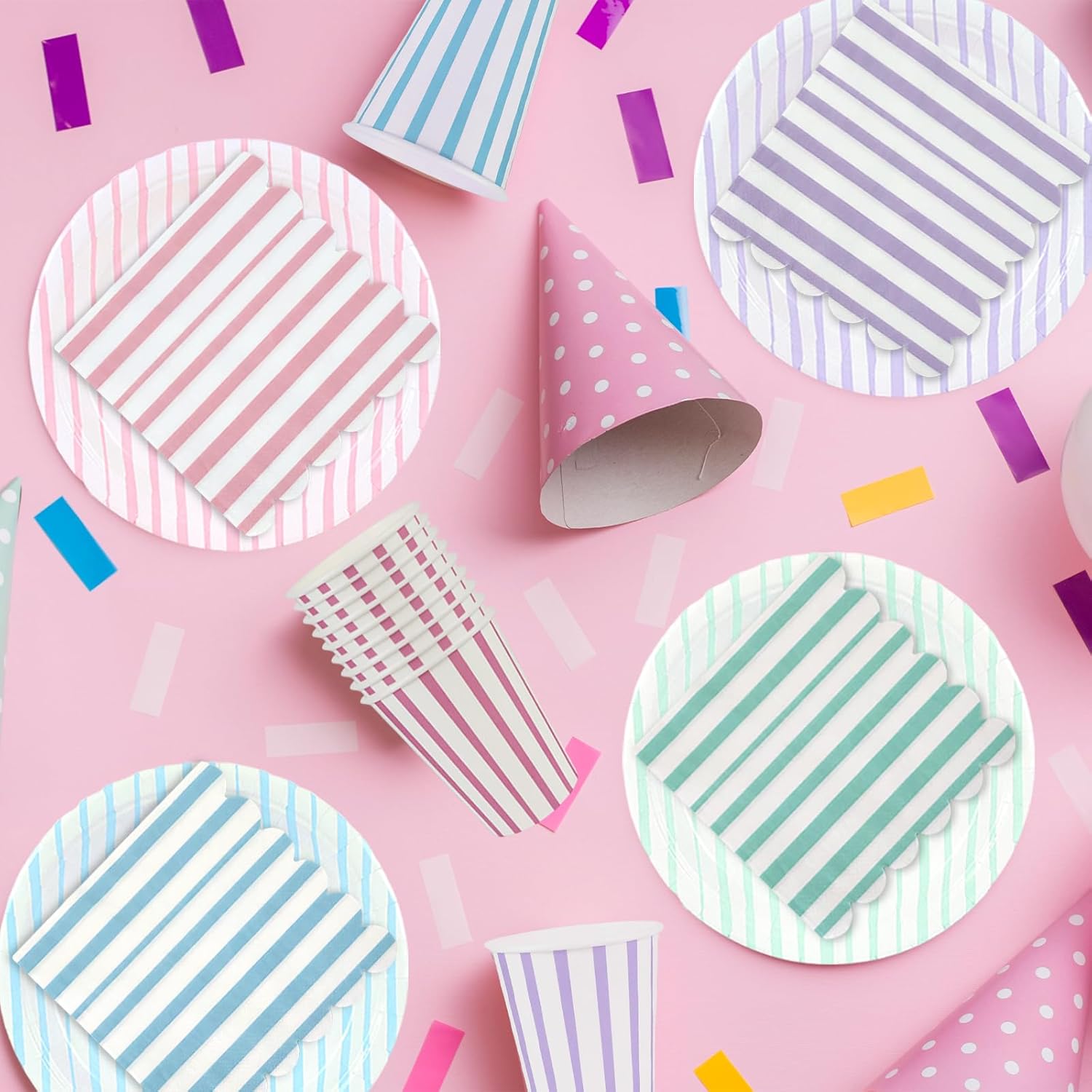 160 Pcs Stripe Pastel Party Supplies, Disposable Dinnerware Set, Including 48 Paper Plate 56 Cup 56 Napkin Macaron Dinnerware Set for Birthdays, Baby Shower, Wedding, Festivals - Image 6