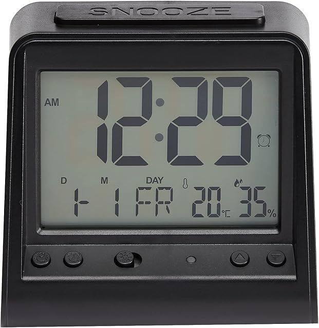 Amazon Basics Tabletop Digital Alarm Clock with Light, Temperature and Date Display, Triangle - Black