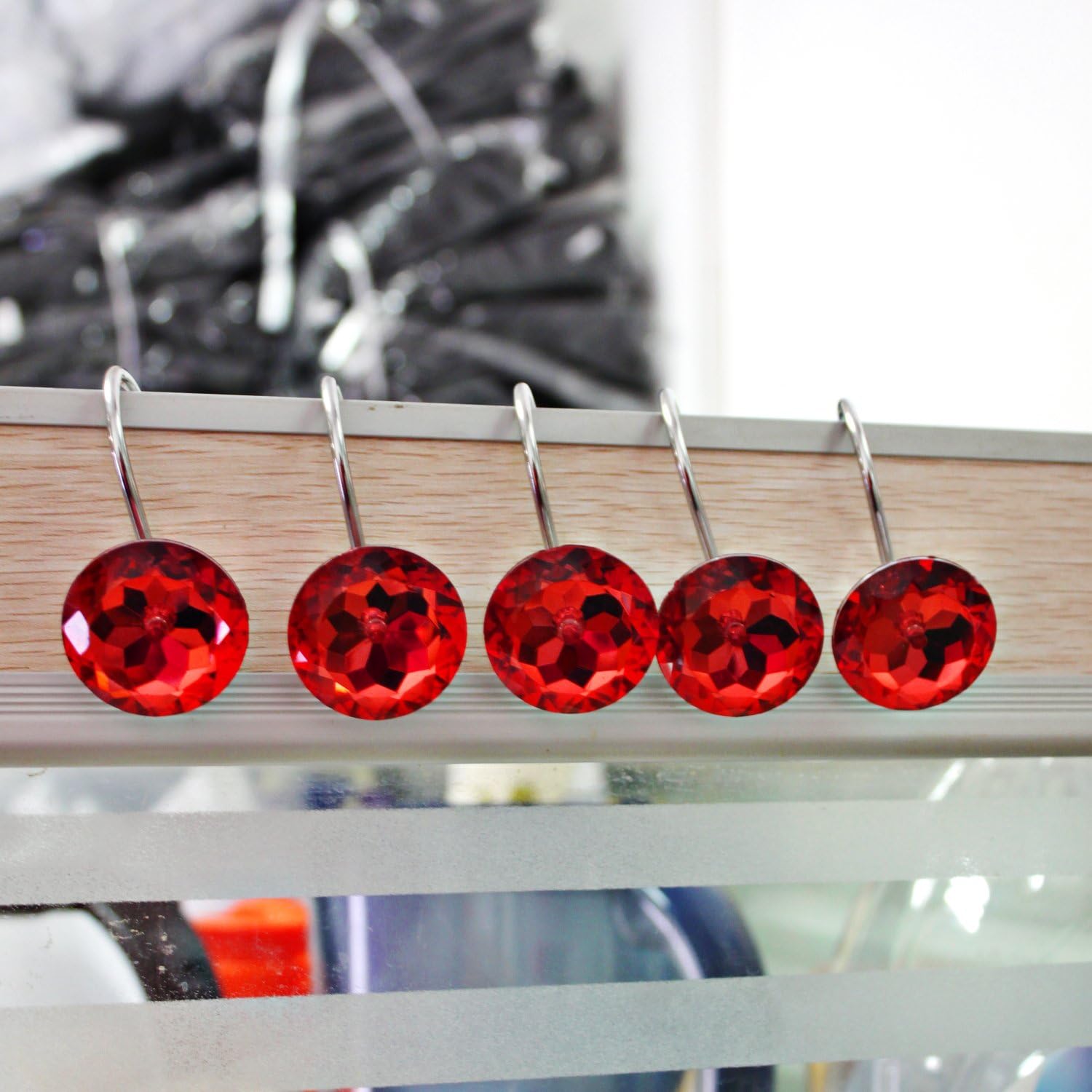 YUYIKES 12 Pcs Acrylic Decorative Shiny Rhinestone Rolling Shower Curtain Hooks for Bathroom and Living Room (RED)