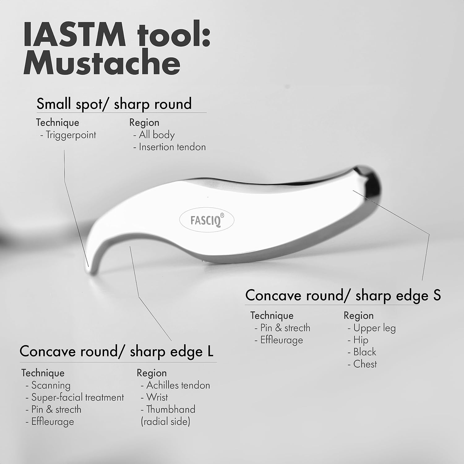 FASCIQ | IASTM Massage Tool Mustache | Instrument Assisted Soft Tissue Release and Mobilization | Surgical Stainless Steel | Required for Myofascial, Soft, Scar and Deep Tissue Massages and Scraping