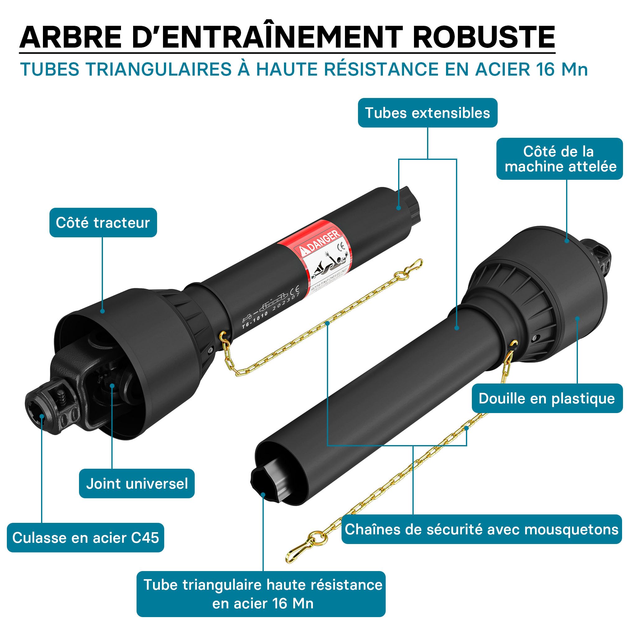 WilTec Arbre de Transmission T6 Cardan 1010-1111mm 830Nm 540tr/min, Prise Force, 74kW (100CV), 2x1 3/8" 6D