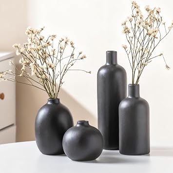 Black Ceramic Vase Set of 4, Classic Matte Small Vases Home Decorations for Table Shelf Office Centerpieces Decor