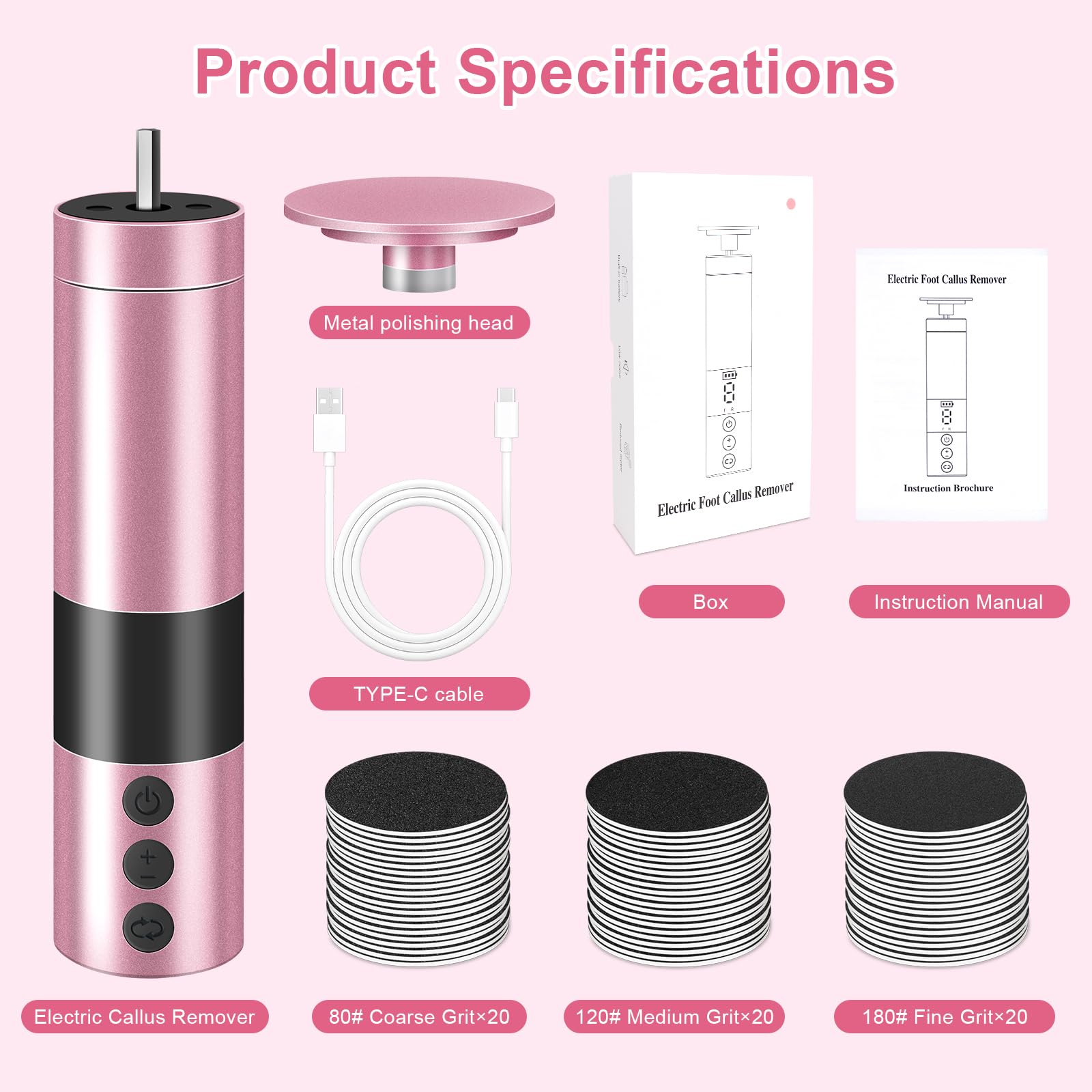 Lima Eléctrica para Pies Recargable 9 Velocidades - Kit de Pedicura Profesional con Piedras de Pulir Reemplazables para Talones Agrietados, Eliminar Callos, Durezas y Piel Muerta (Rosa)