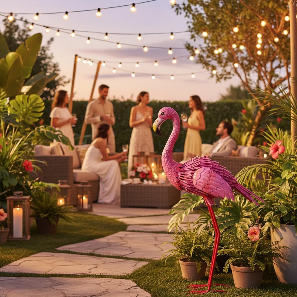 35" Flamingo Garden Statues & Sculptures, Metal Birds Yard Art Outdoor Statue, Large Pink Flamingo Lawn Ornaments for Home, Patio, Backyard Decor