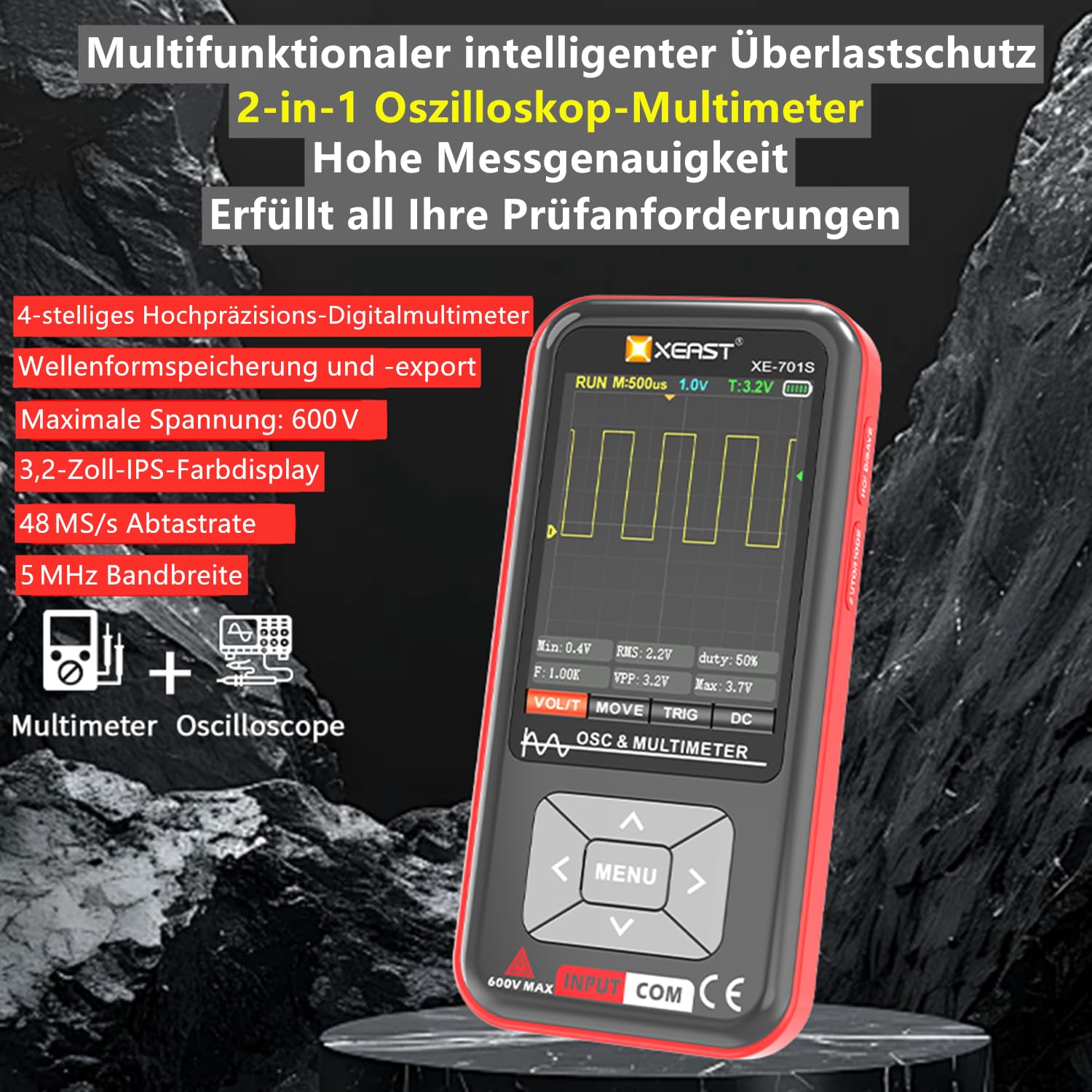 2-in-1 Oszilloskop Multimeter, 9999 Zählungen Digital Multimeter, 5MHz Bandbreite 48MSa/s High Sampling Oszilloskop, 3,2-Zoll IPS Full-Color Display, Elektronik DIY & Reparatur
