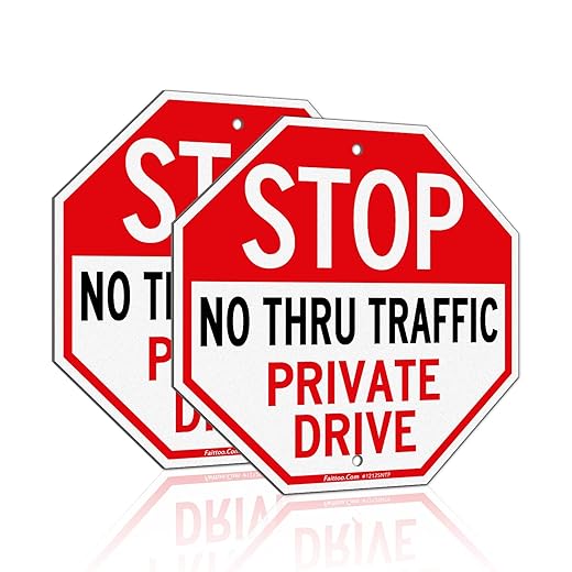 Faittoo Private Drive Sign, No Thru Traffic Sign, Stop Sign, 2-Pack 12x12 Inch Reflective Aluminum Sign, Weather/Fade Resistant, UV Protected, Easy to Install