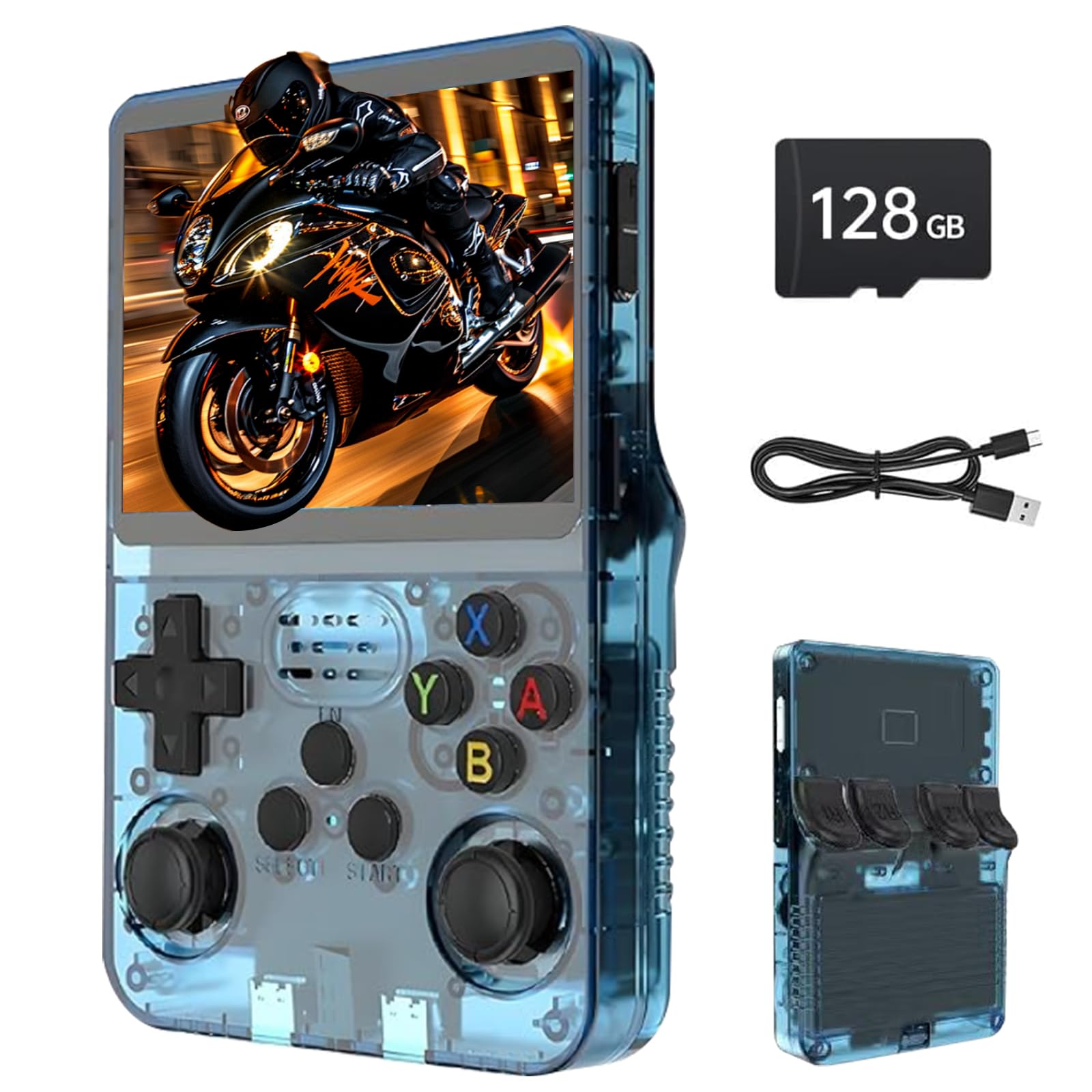 Febotak R36S Retro-Handheld-Spielkonsole, 3,5-Zoll-IPS-Bildschirm, 128 GB Speicher, über 40.000 Spiele, basierend auf LINXU Open Source ARKOS, 3500-mAh-Akku (Transparentes Blau)