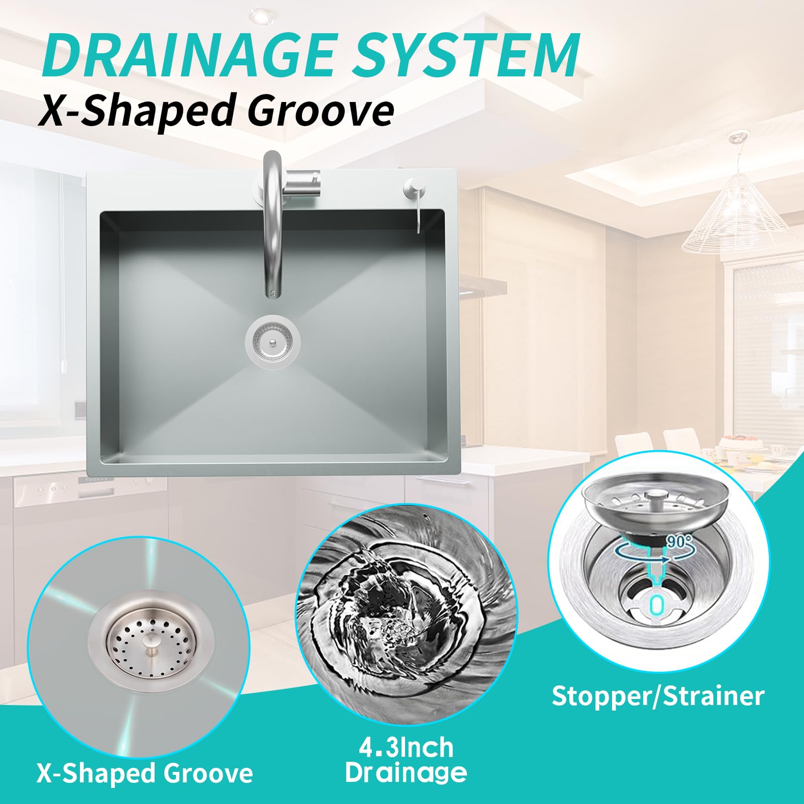 Kitchen Sink Stainless Steel 25 X 22 Inch Single Bowl Drop In Kitchen Sink Topmount 18 Gauge Basin Bottom Grid Drain Strainer Set - View #10