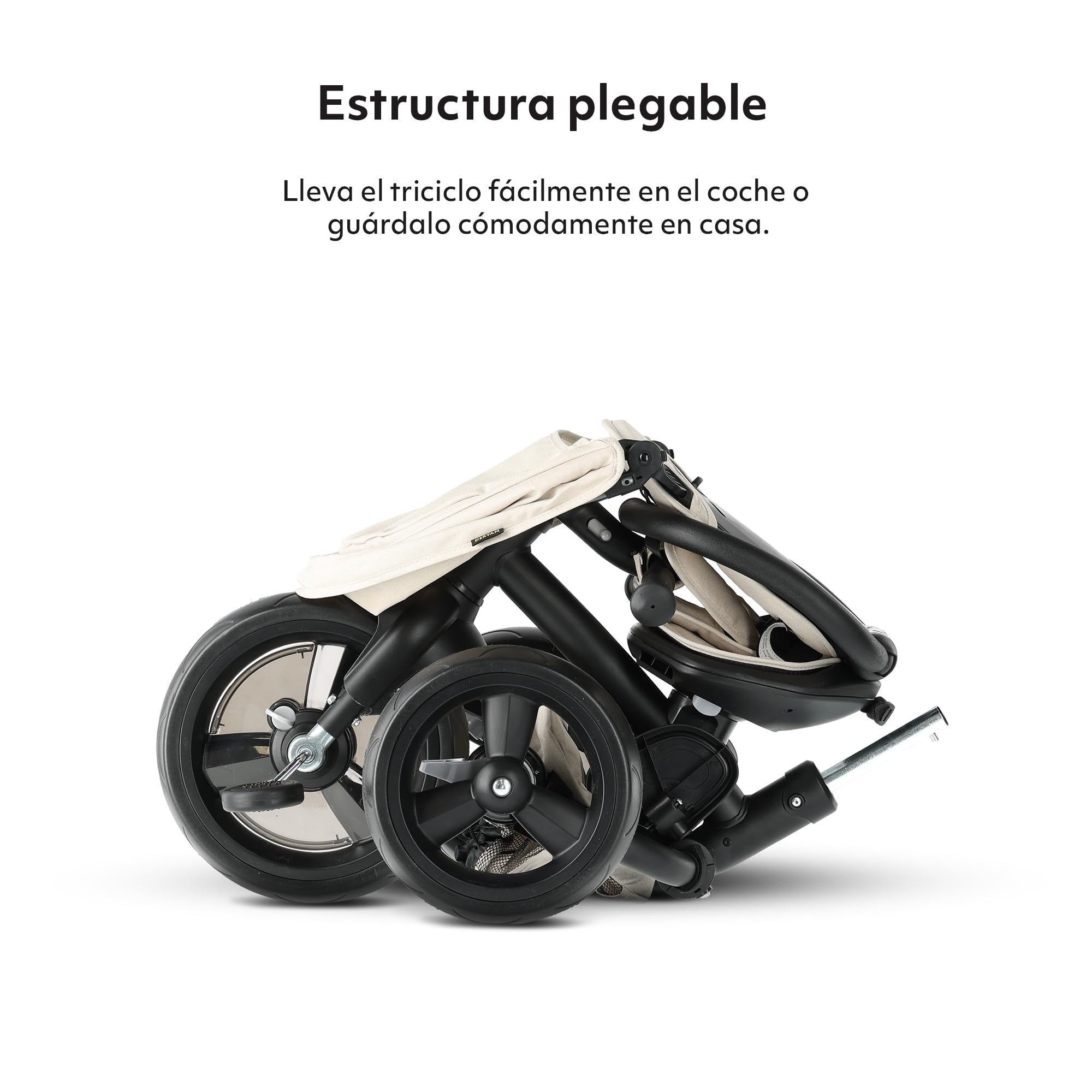 Deryan Explorer Triciclo 9 Meses a 25 kg - Evolutivo, Bicicleta Sin Pedales, Bicicleta Bebe, Plegable, para Niños, Asiento Reversible, Capota con protección Solar, Cesta, Arnés de 5 Puntos - Crema