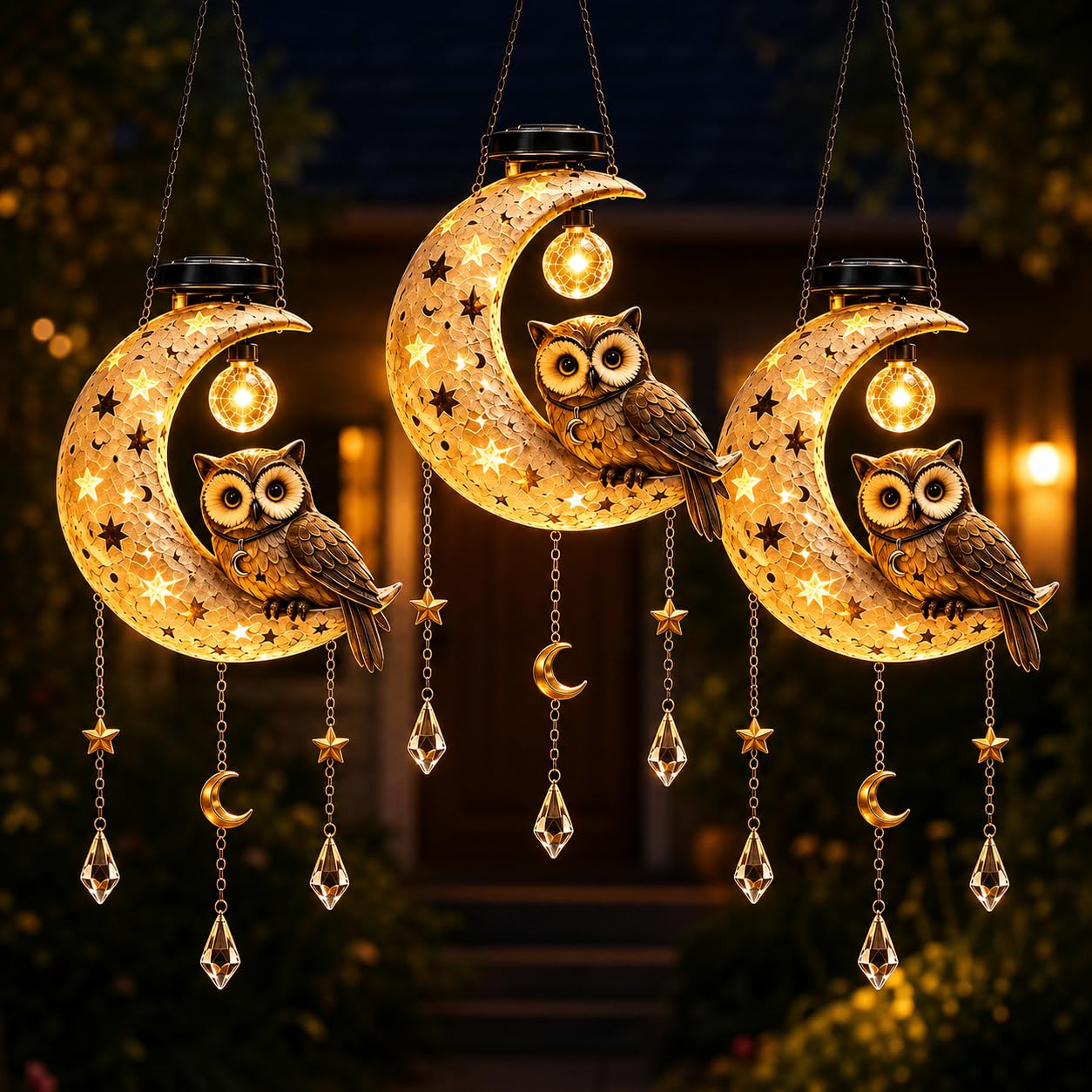 Set da 2 Lanterne Solari a forma di Gufo e Luna Decorazione Giardino con Luce LED Calda Lampada Sospensione per Patio Cortile Vialetto Classe Energetica A