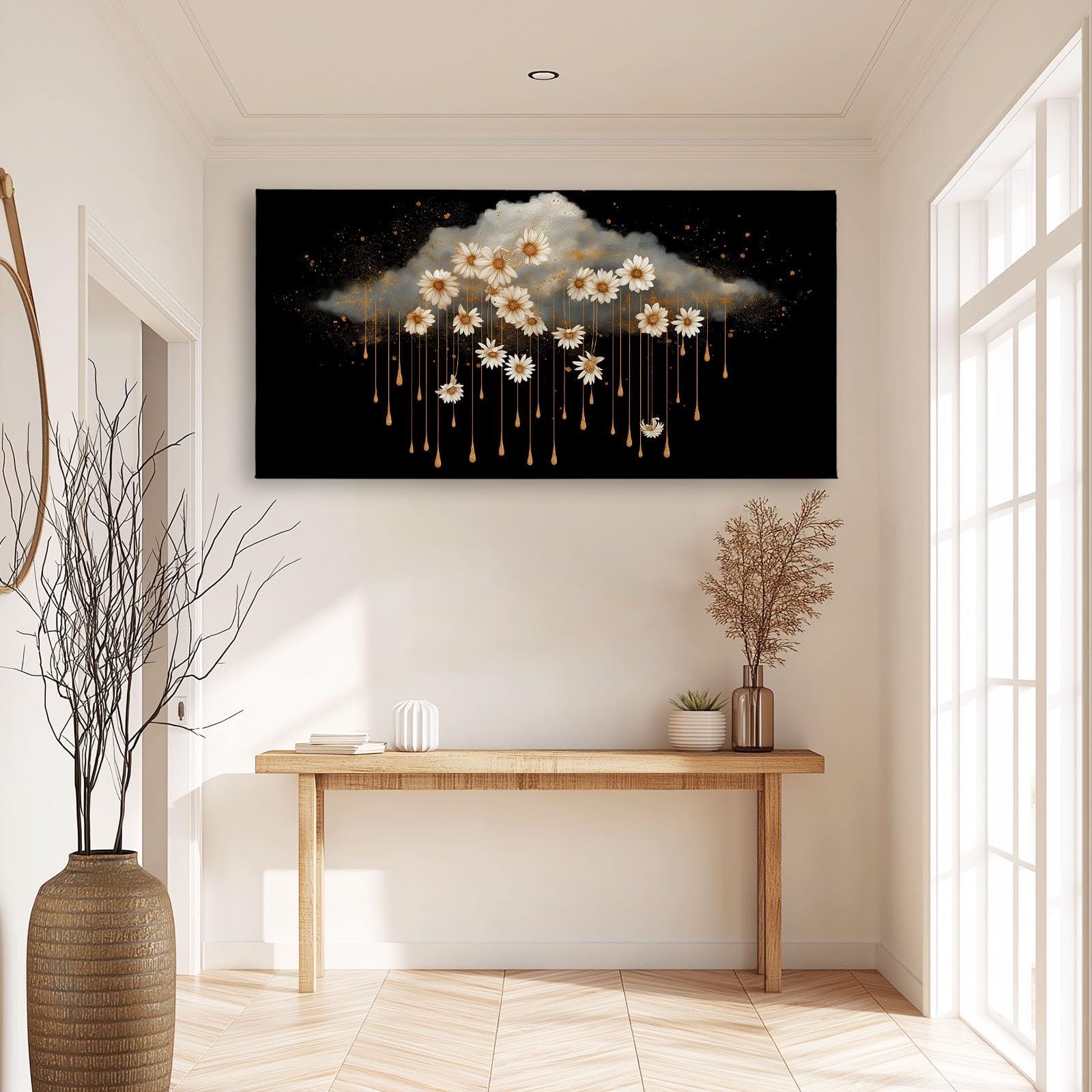 Tableau Décoration Murale Fantaisie - Impression sur Toile avec Châssis en Bois - Nuages Plantes Floral Marguerites Design Élégant pour Salon, Chambre, Bureau - Prêt à Accrocher - 90 x 60 cm