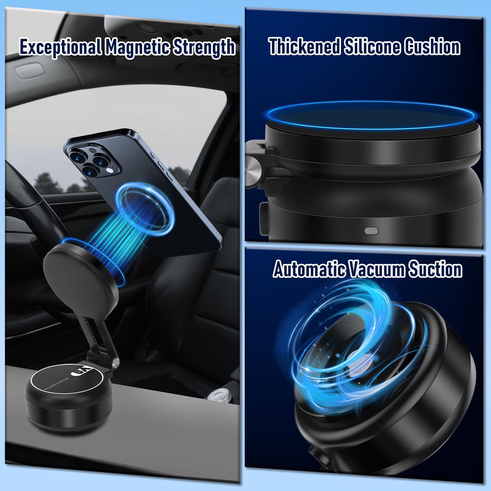 Soporte magnético de vacío para teléfono, soporte magnético de vacío para espejo, soporte magnético eléctrico para coche 20 N, ángulo ajustable cargable (negro)