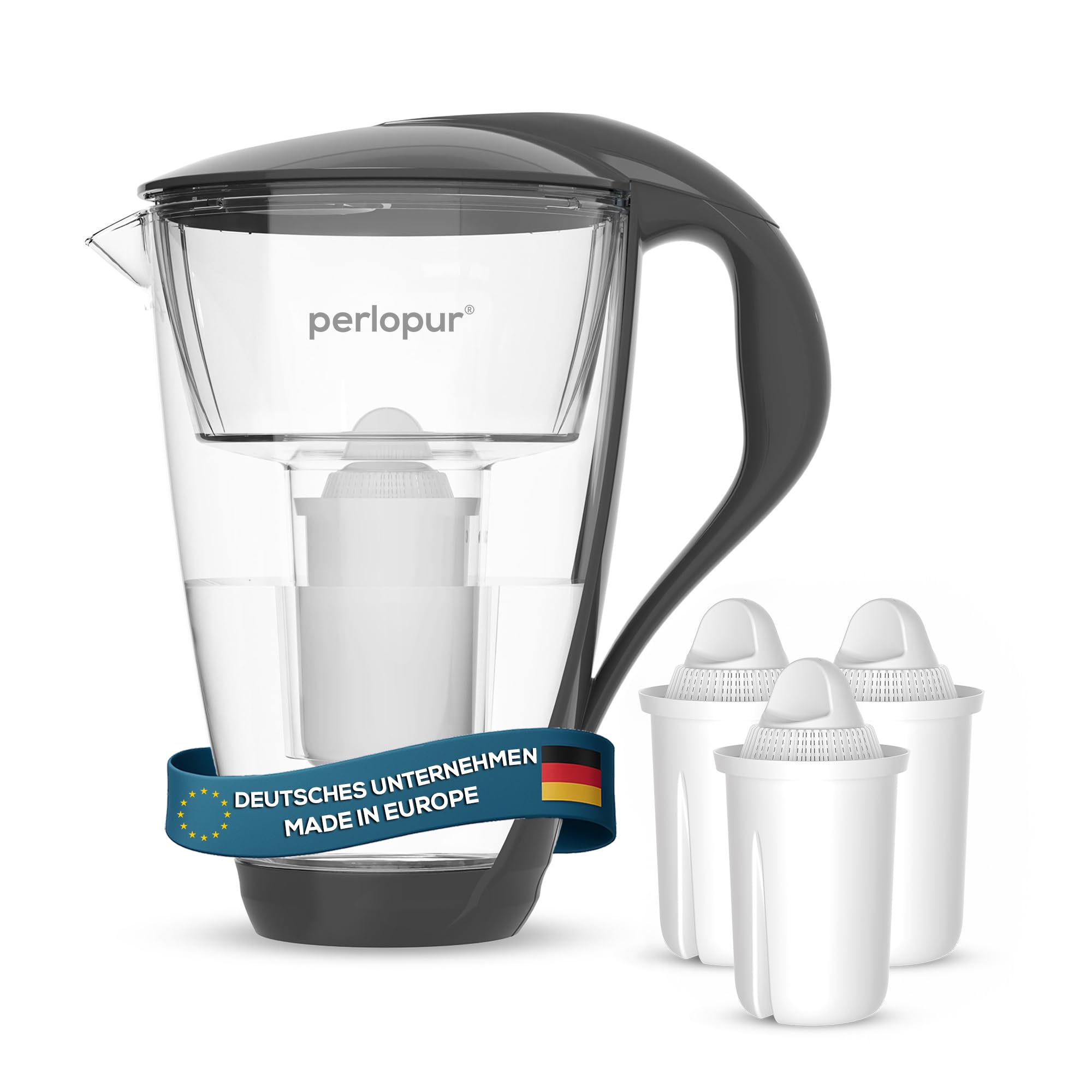 Filtro acqua in vetro PearlCo (antracite) con 3 cartucce filtranti Classic – riduzione di calcare, cloro, piombo e rame con caraffa in vetro – compatibile con Brita Classic – Made in EU