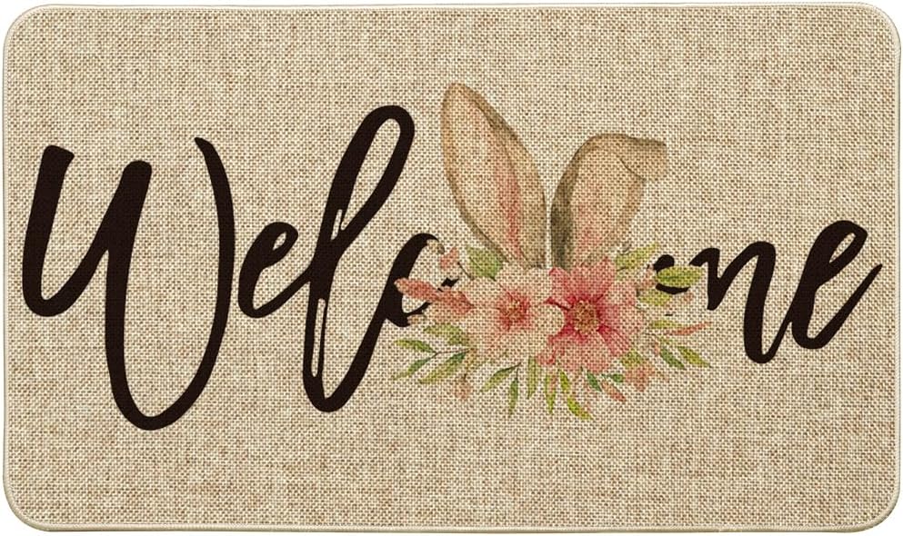 Artoid Mode Rabbit Flower Welcome Easter Doormat, Seasonal Spring Home Decor Low-Profile Switch Rug Door Mat Floor Mat for Indoor Outdoor 17x29 Inch