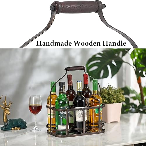 Miniatura 5 de Portabotellas de vino de metal, cesta de vino para 6 botellas, estante de vino con mango de madera, soporte de almacenamiento de vino de metal
