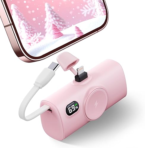 Práctico cargador de batería rosa para iPhone, 5000 mAh pequeño banco de energía con cable USB tipo C para Samsung Galaxy S25 Series 15W cargador