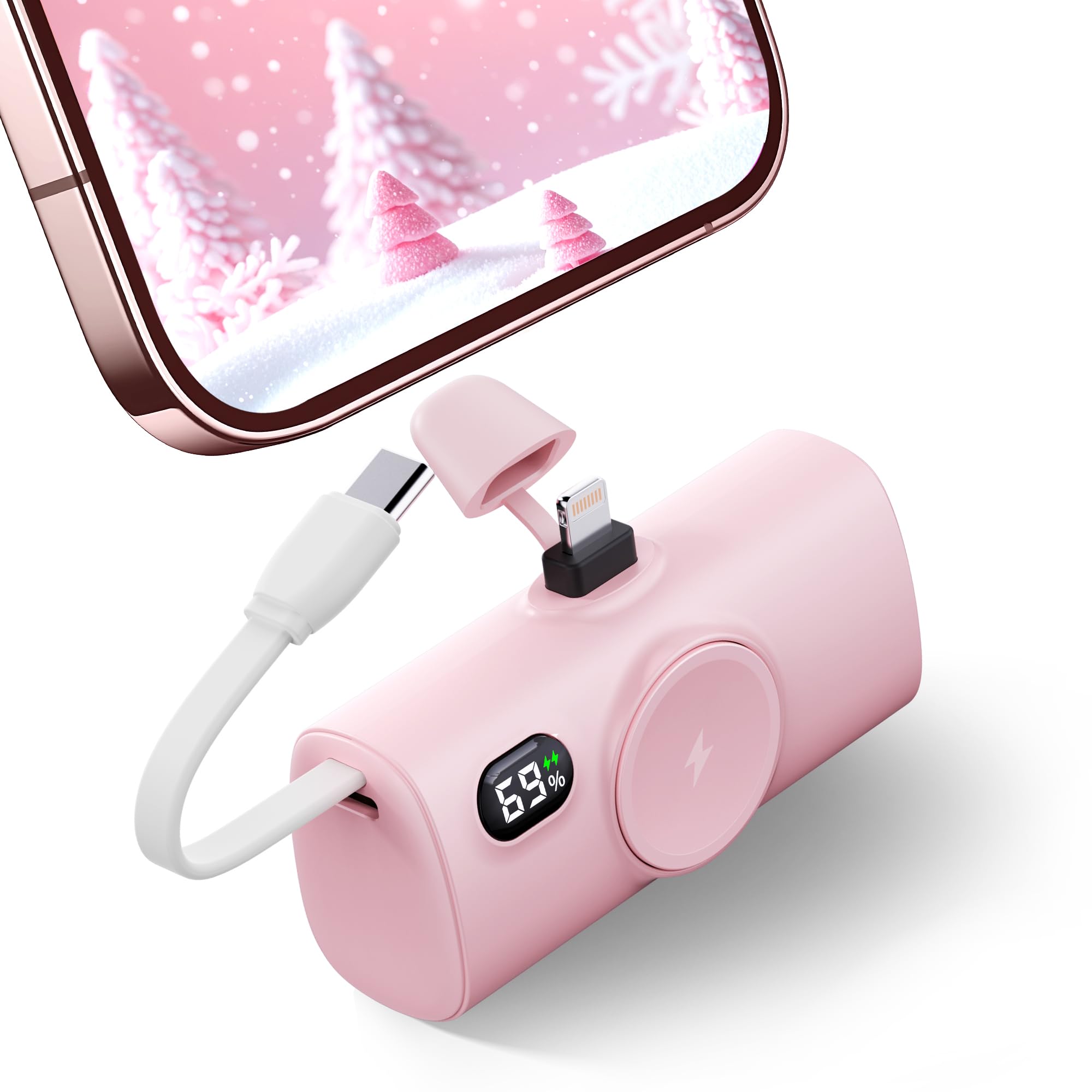 Handy Pink Battery Charger for iPhone 5000mAh Small Power Bank with USB Type C Cable for Samsung Galaxy